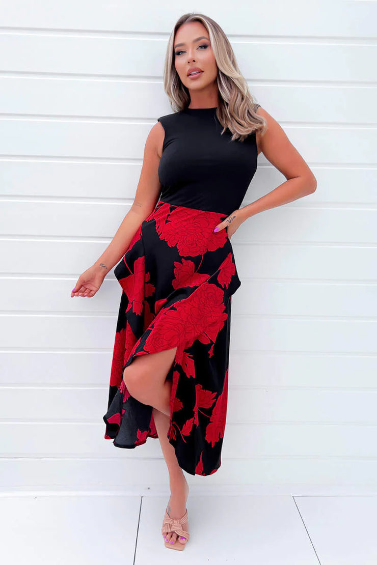 Lucy Black and Red Floral Print 2 in 1 Midi Dress
