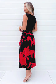 Lucy Black and Red Floral Print 2 in 1 Midi Dress