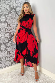 India Red and Black Floral Print Wrap Style Midi Dress