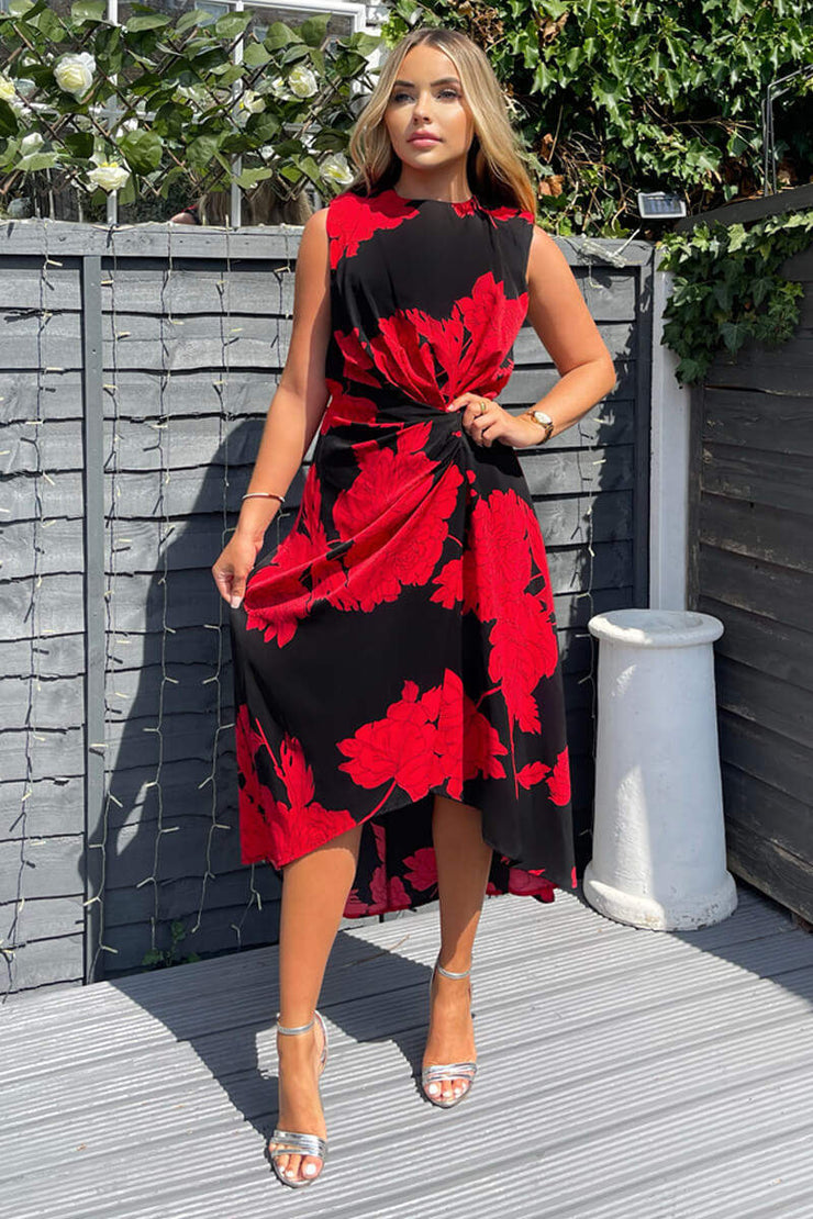 India Red and Black Floral Print Wrap Style Midi Dress