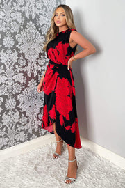 India Red and Black Floral Print Wrap Style Midi Dress