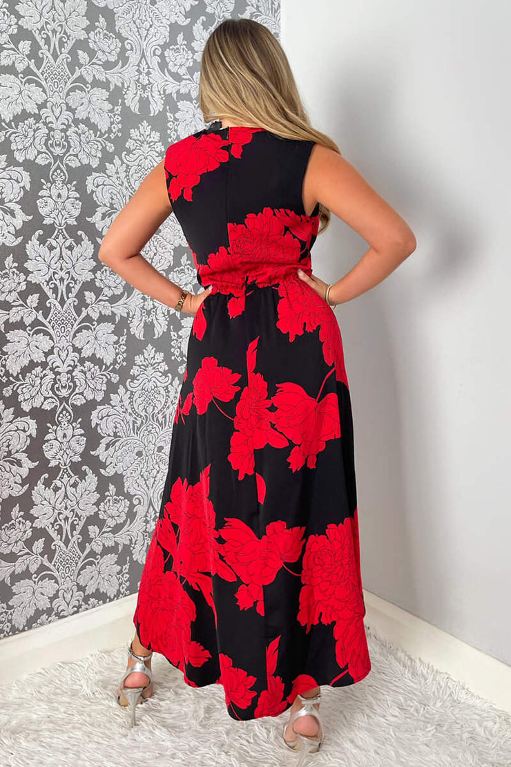India Red and Black Floral Print Wrap Style Midi Dress - Koko Rose Boutique India Red and Black Floral Print Wrap Style Midi Dress - Koko Rose Boutique
