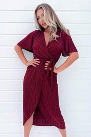 Trixie Wine Wrap Style Belted Midi Dress