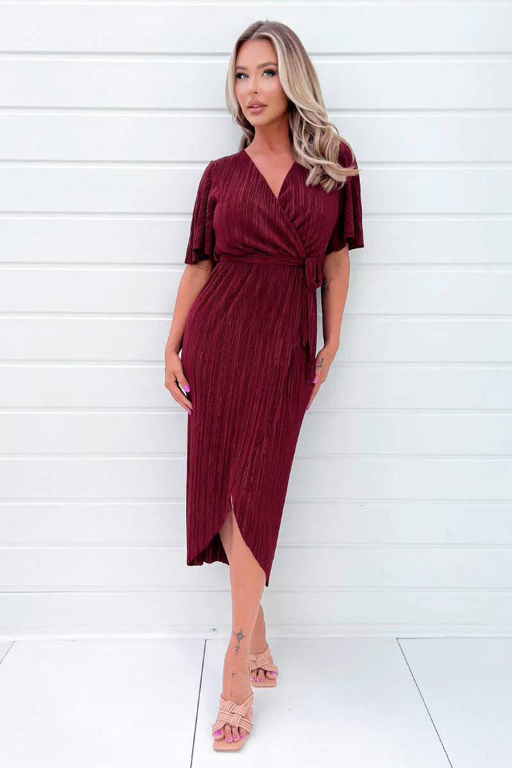 Trixie Wine Wrap Style Belted Midi Dress