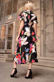 Willow Black Floral Multi Print Belted Midi Dress