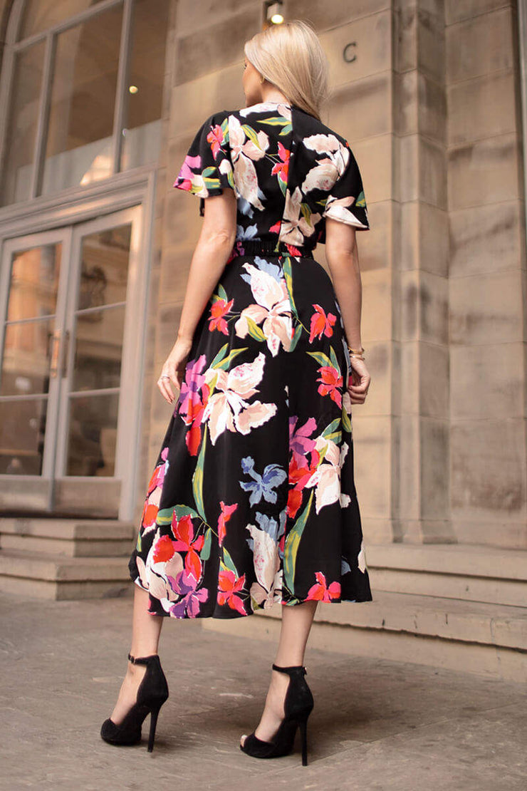 Willow Black Floral Multi Print Belted Midi Dress Willow Black Floral Multi Print Belted Midi Dress