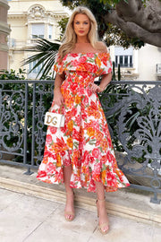 Emira Multi Floral Print Bardot Style Midi Dress
