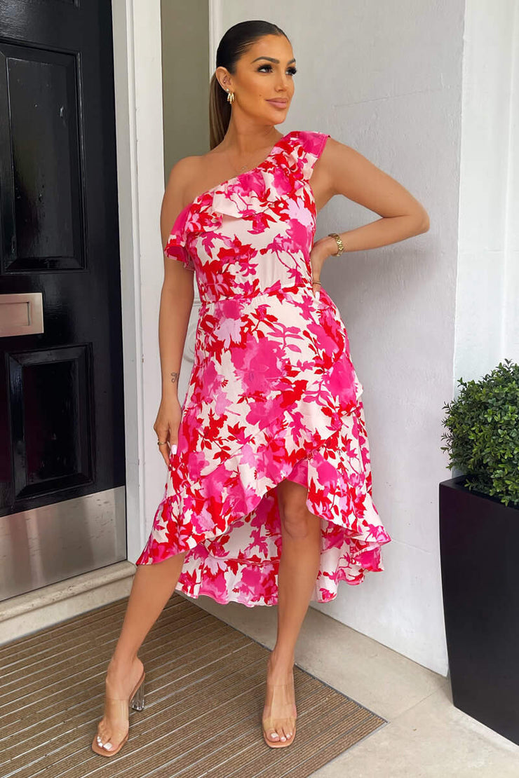 pink dipped hem dress Hot Pink Printed One Shoulder Frill Detail Dipped Hem Dress AX Paris US