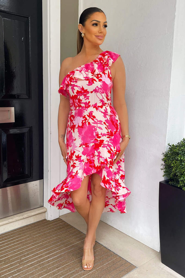 Annie Pink Floral One Shoulder Dipped Hem Dress