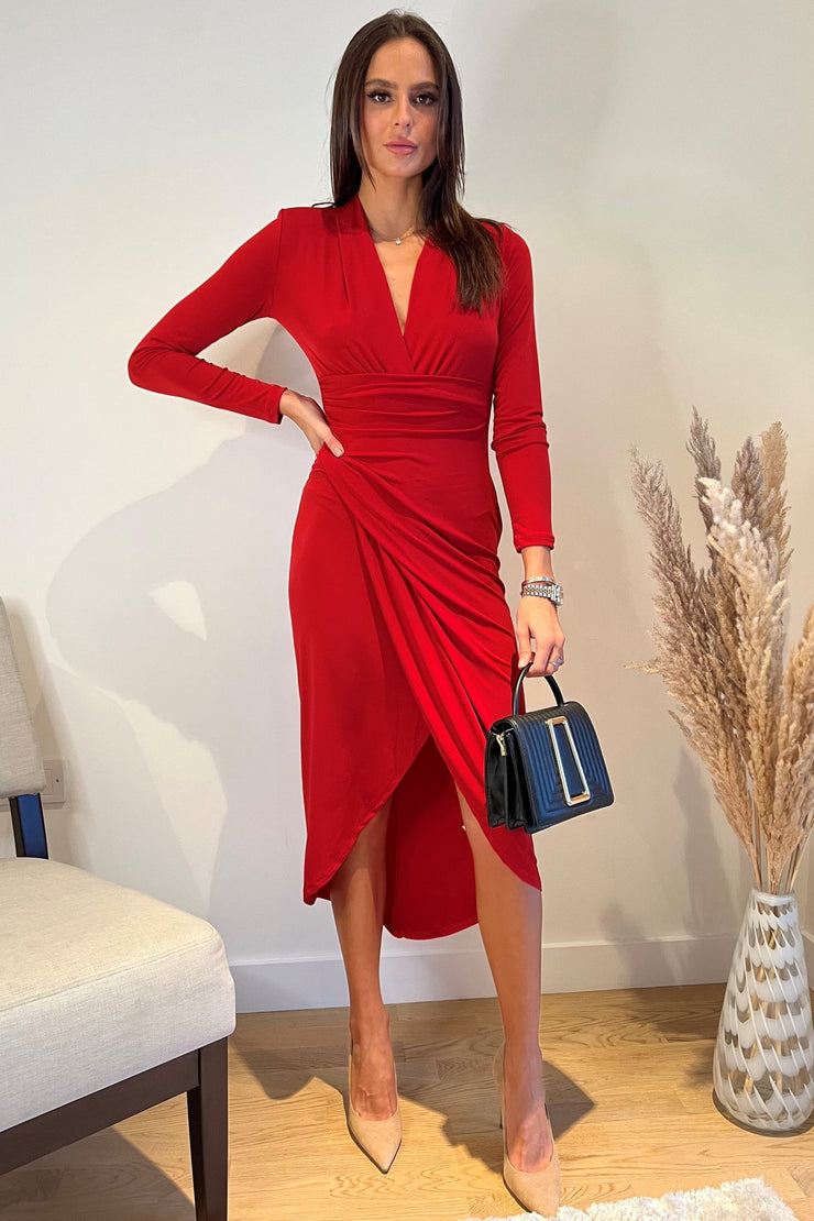 Dora Red Wrap Style Front Split Midi Dress