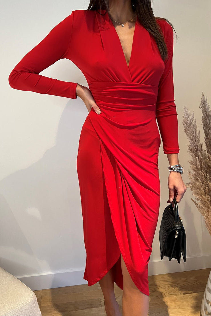 Dora Red Wrap Style Front Split Midi Dress
