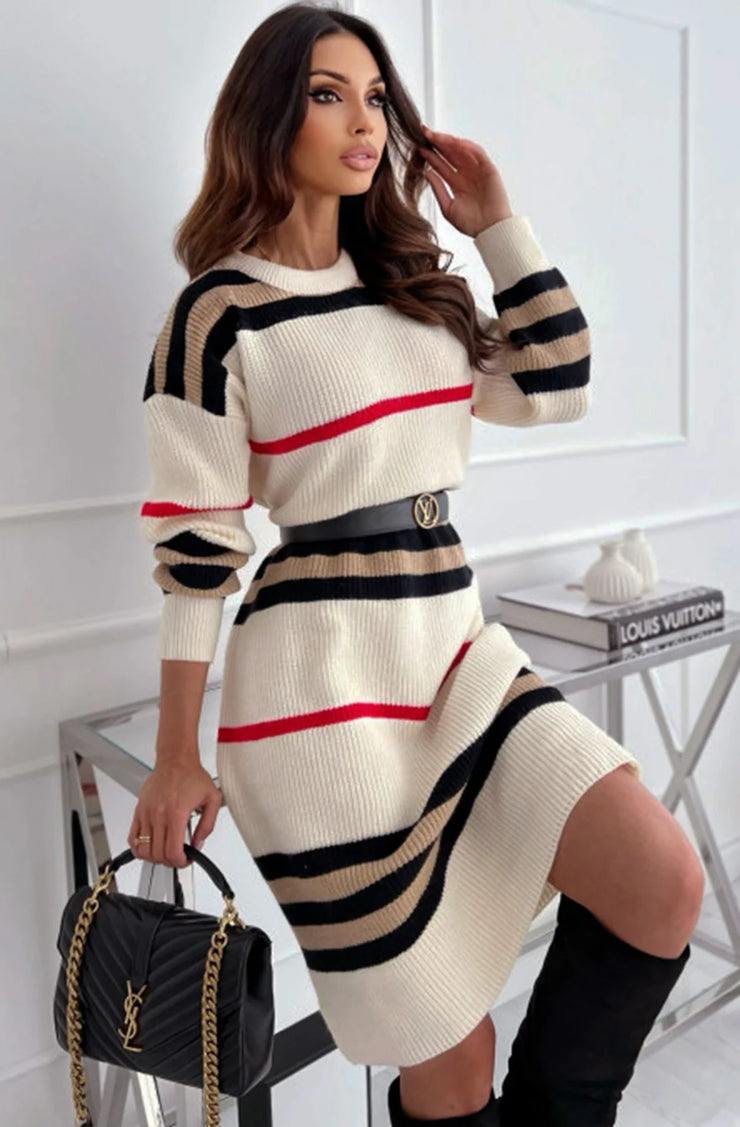 Rocha Stone Striped Knitted Midi Jumper Dress