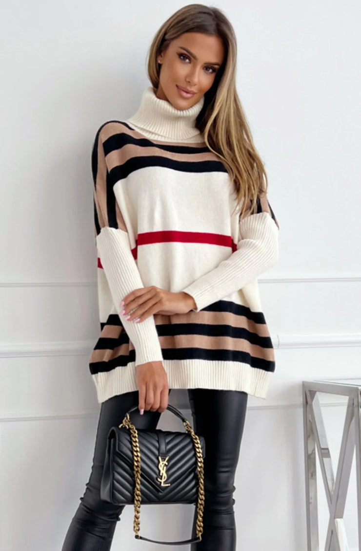 Ria Ivory Striped High Neck Jumper