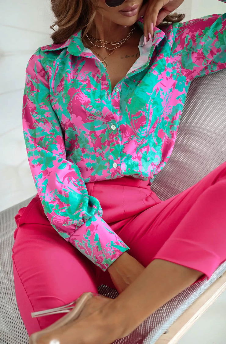 Zoe Green Pink Multi Print Button Shirt Top