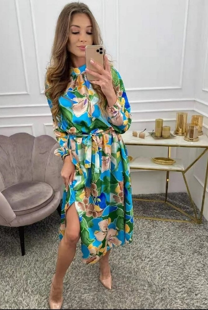 Becky Blue Green Floral Print Belted Midi Dress