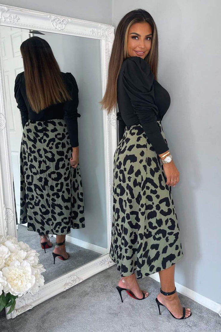 Bianca Black and Khaki 2 in 1 Animal Print Midi Dress