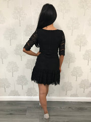 Black 3/4 Sleeve Lace Frill Hem Dress