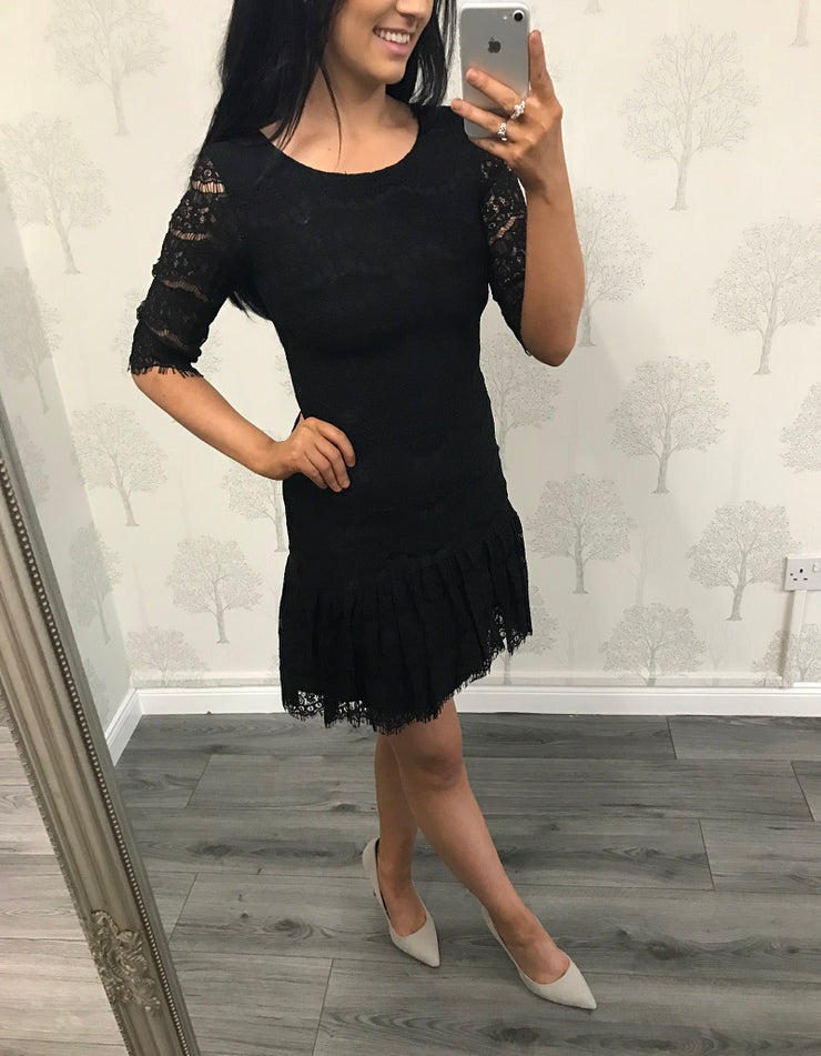 Black 3/4 Sleeve Lace Frill Hem Dress