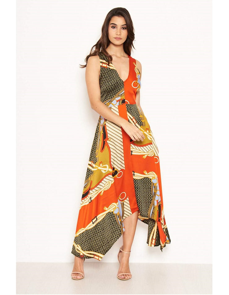 Caroline Orange Multi Chain Print Midi Dress