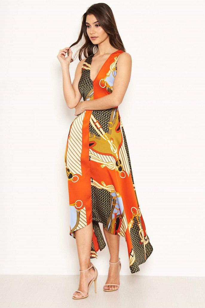 Caroline Orange Multi Chain Print Midi Dress