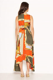 Caroline Orange Multi Chain Print Midi Dress