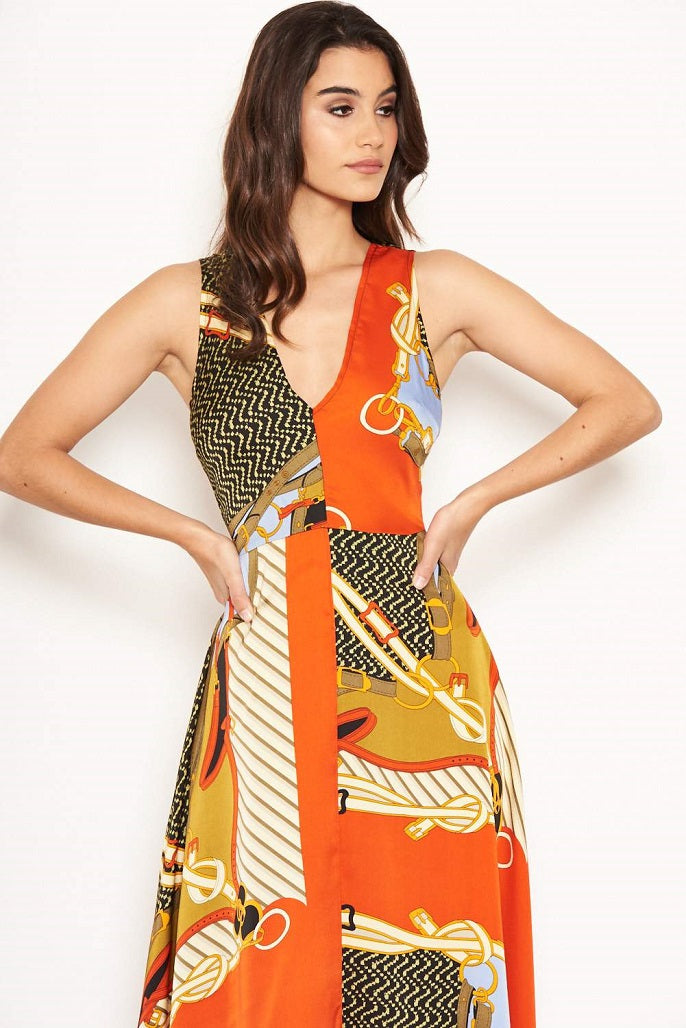 Caroline Orange Multi Chain Print Midi Dress