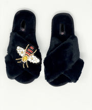 Crystal Black Fluffy Slippers with Queen Bee Embellishment