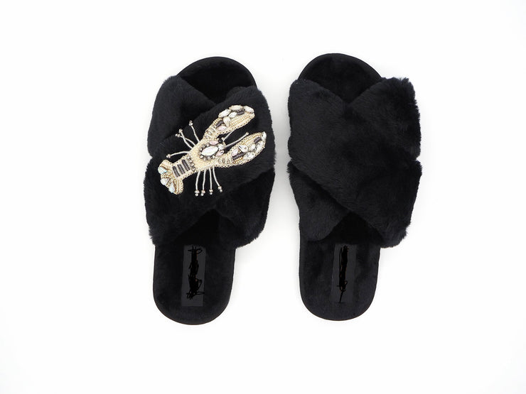 Crystal Black Fluffy Slippers with Lobster Brooch