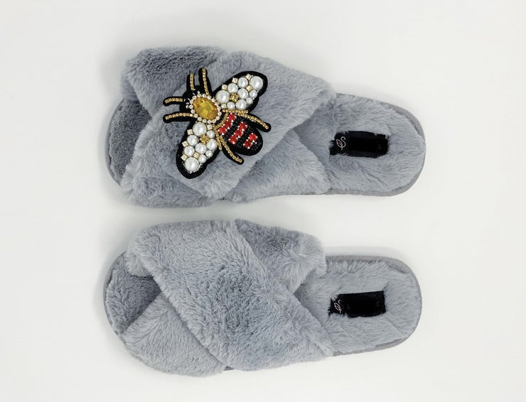 Crystal Grey Fluffy Slippers with Queen Bee Embellishment