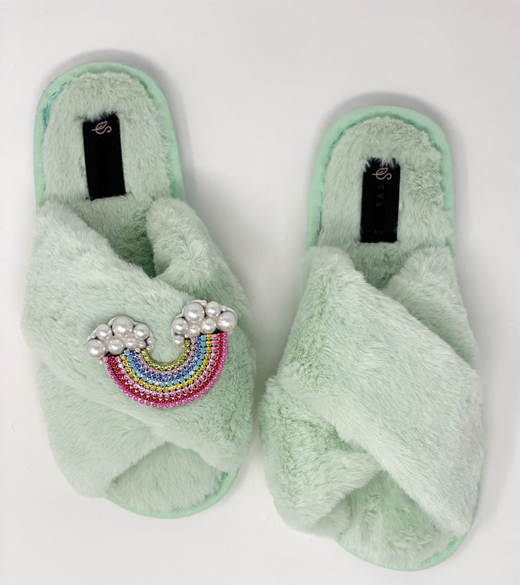Crystal Mint Fluffy Slippers with Rainbow Embellishment