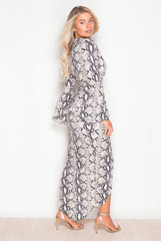 Dana Snake Print Wrap Flute Sleeve Dress