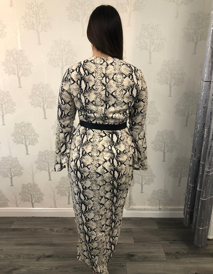 Dana Snake Print Wrap Flute Sleeve Dress