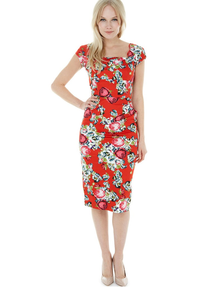 Dora Red Floral Pencil Style Midi Dress