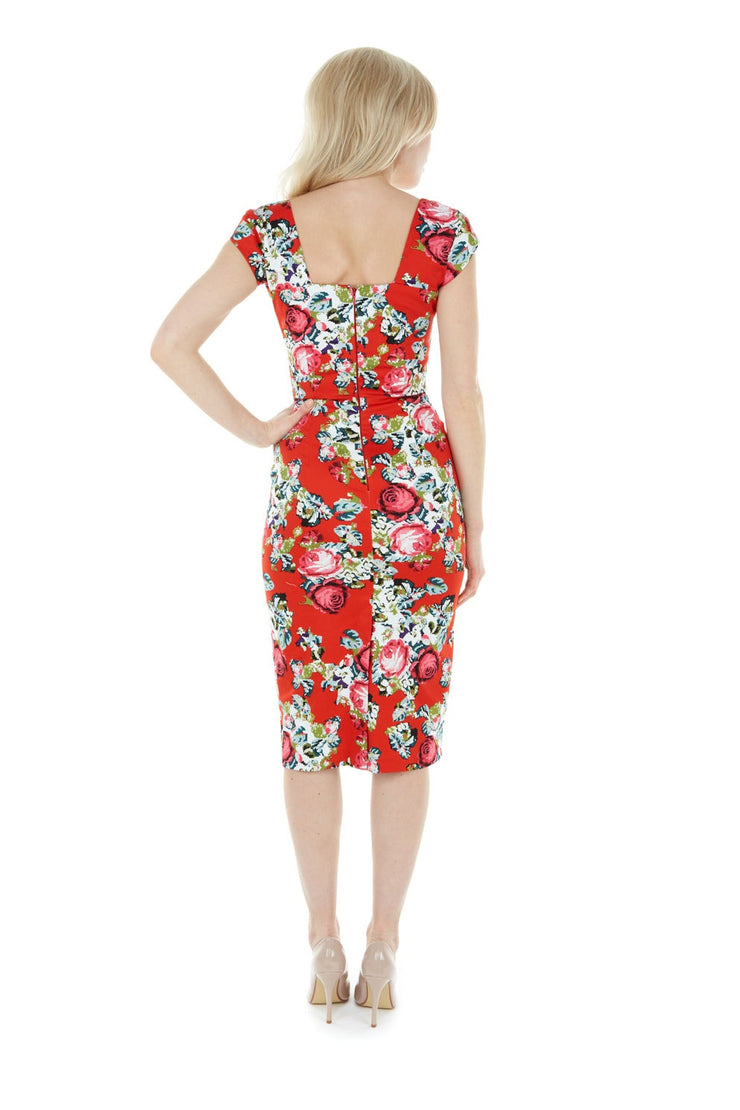 Dora Red Floral Pencil Style Midi Dress