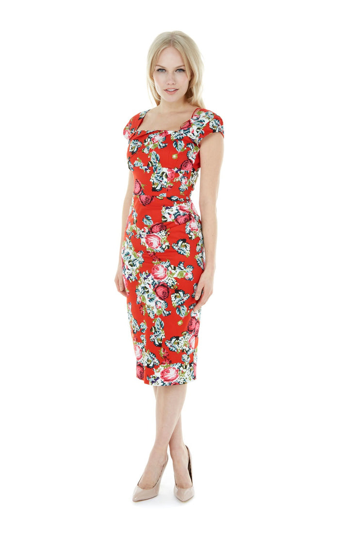 Dora Red Floral Pencil Style Midi Dress