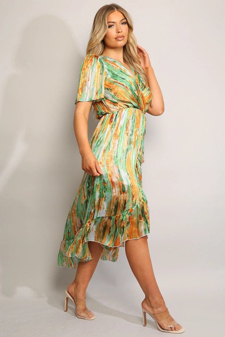 Esme Green Wrap Style Frill Hem Midi Dress