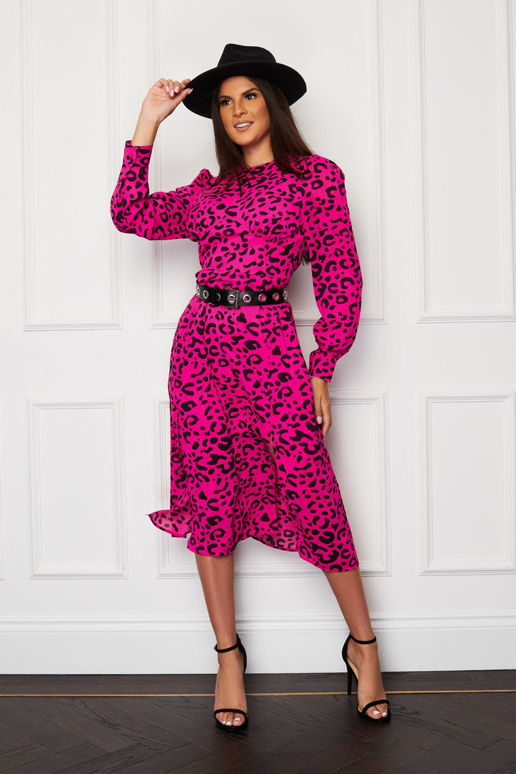Carrie Pink Leopard Print Long Sleeve Midi Dress