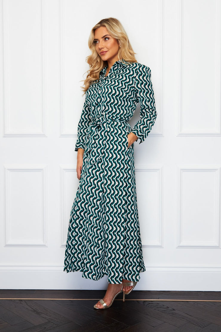 Carlie Emerald Geo Print Midi Shirt Dress