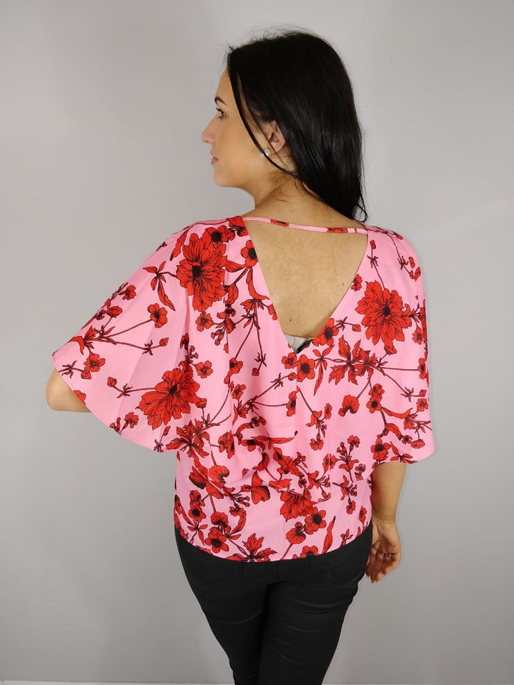 Grace Pink Floral Cape Sleeve Blouse