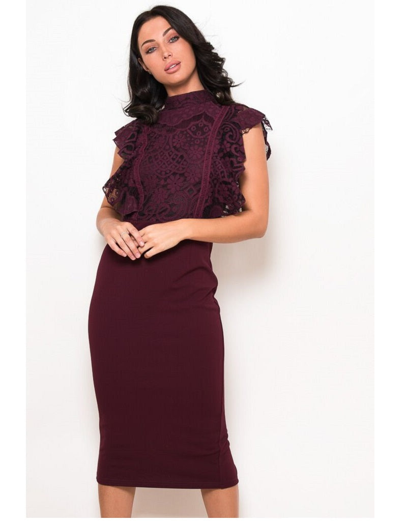 Jane Wine Lace Frilled Top Midi Dress- Koko Rose Boutique