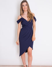 Jilly Navy Wrap Cold Shoulder Dress