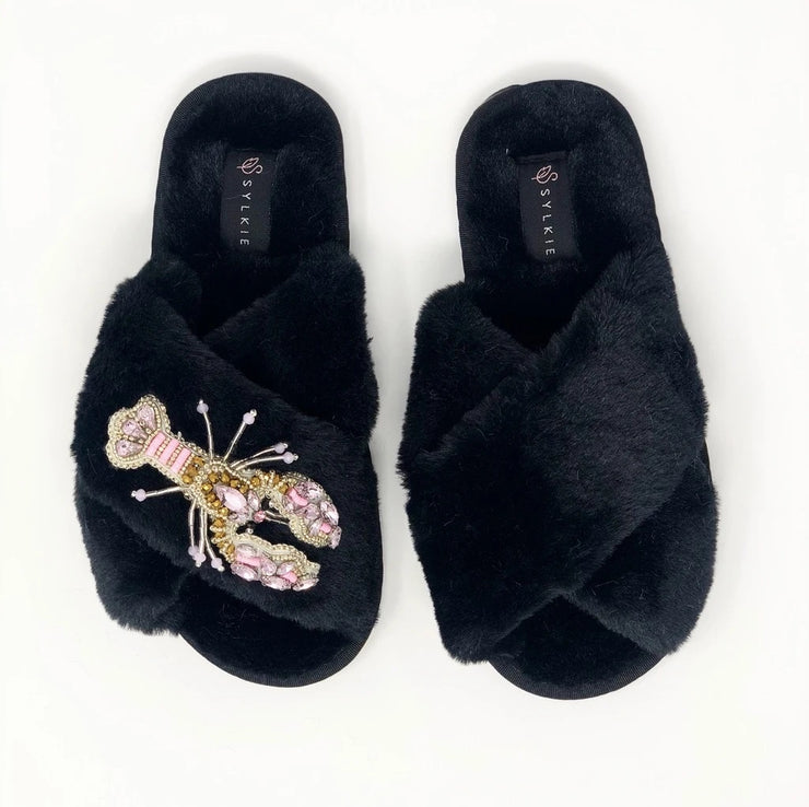 Crystal Black Fluffy Slippers with Pink Lobster Brooch
