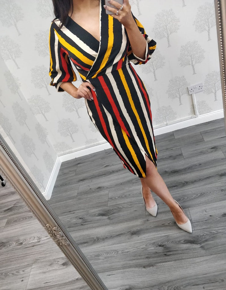 Marie Black Multi Stripe Wrap Style Dress