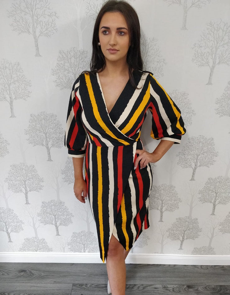Marie Black Multi Stripe Wrap Style Dress
