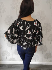 Milan Black Floral Frilled Sleeve Blouse
