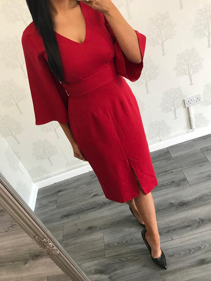 Norah Red V Neck Flared Sleeve Dress