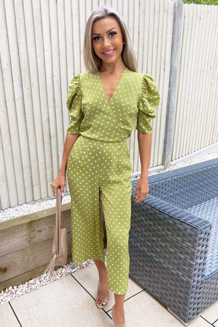 Terri Olive Green Polka Dot Puff Sleeve Jumpsuit Koko Rose Boutique
