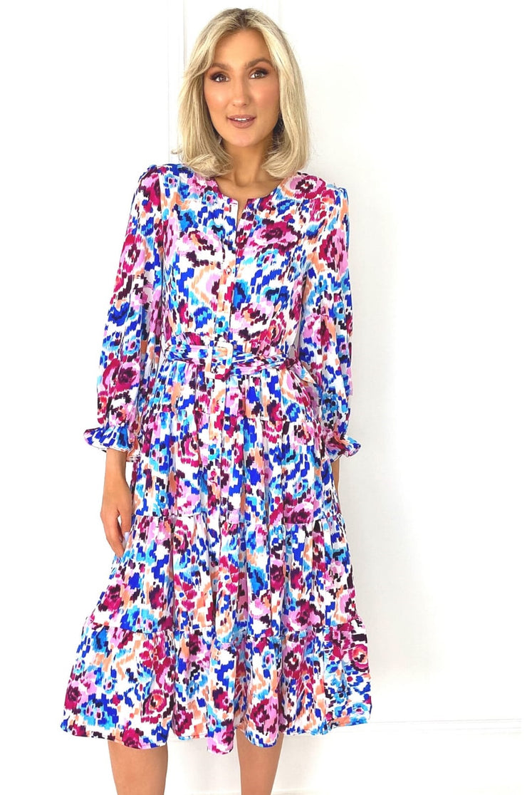 Paula Blue Multi Print Belted Shirt Dress