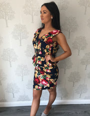 Navy Floral V Neck Peplum Style Dress