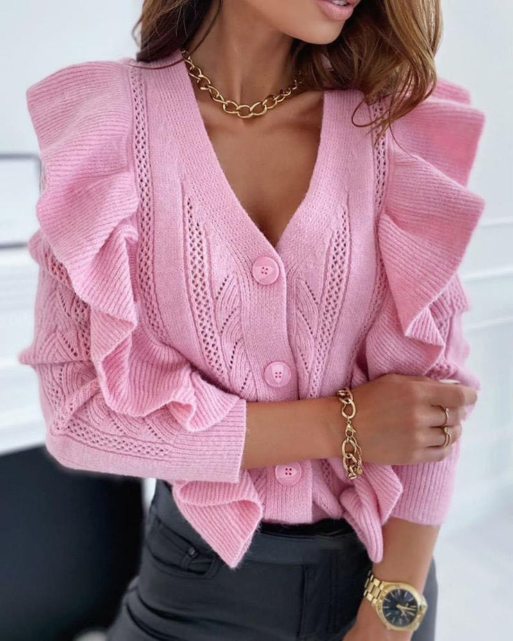 Toni Soft Pink Frill Button Cardigan